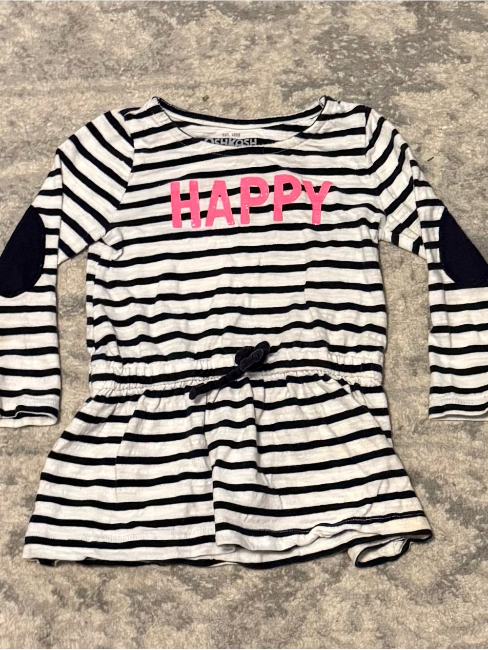 OshKosh B’gosh Baby Girl Dress 18M Grey Stripe Happy Pink Elbow Patch